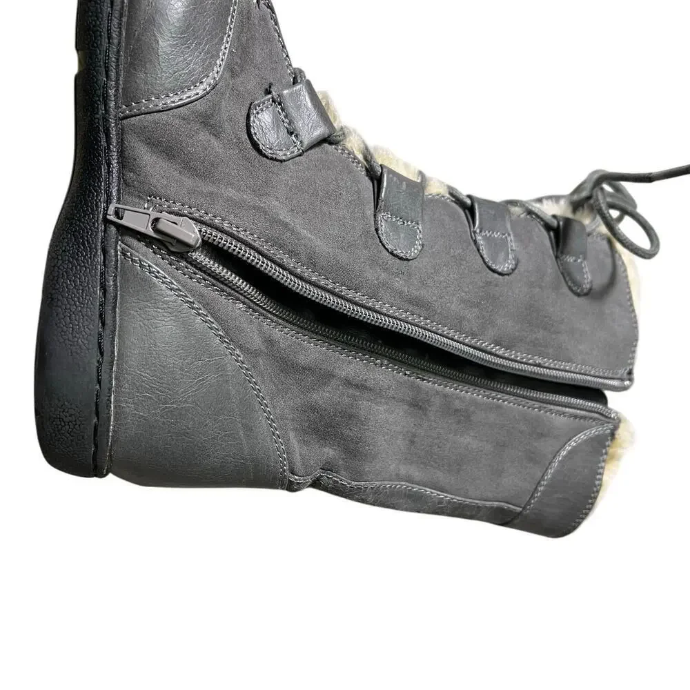 BOC Youth Size 4 Lace Leather Boots Grey Zip‎ Lace Up Faux Fur Snow Winter